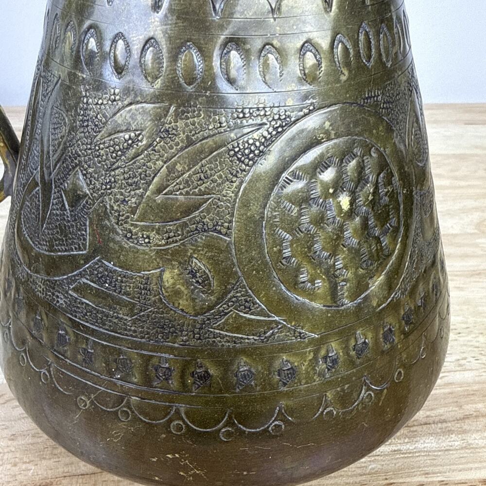 Vintage Tartoussi Bros. Lebanon Ornate 9” Metal Pitcher Brass & Tin Over Copper? - Picture 7 of 11